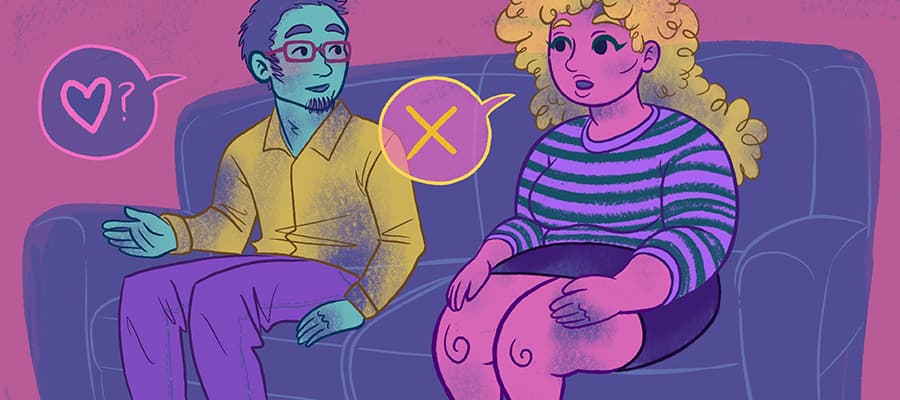 Kuvitus kahdesta henkilöstä istumassa sohvalla. Toisen puhekuplassa on sydän ja kysymysmerkki. Toisen henkilön puhekuplassa on raksi.