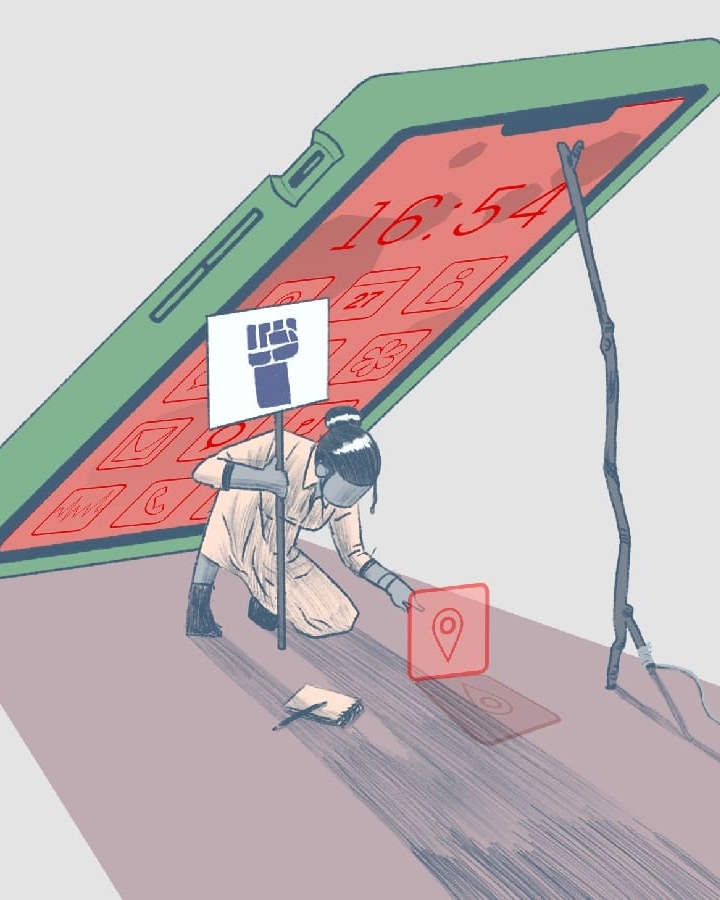 Kuvituskuva, jossa mielenosoittaja jäämässä tabletin varjoon tai alle