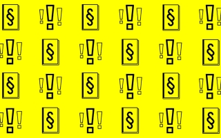 Keltaisella taustalla mustia huuto- ja pykälämerkkejä