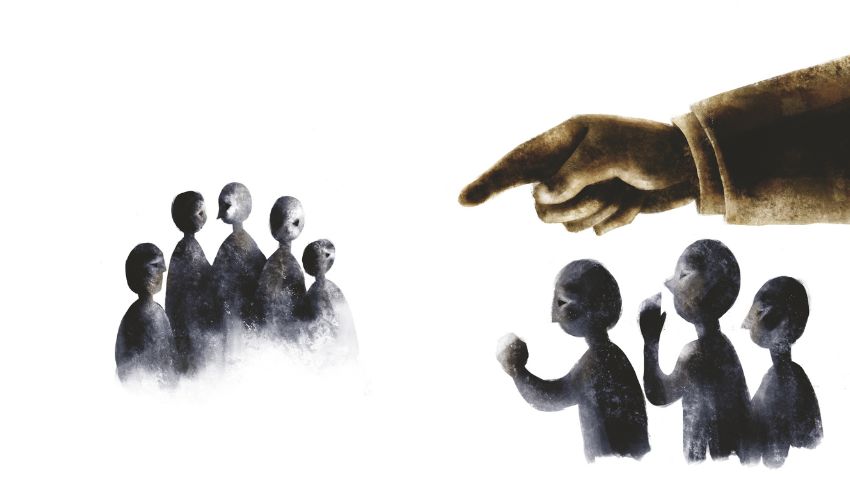 Kuvitettu käsi, joka osoittaa ihmisjoukkoa.