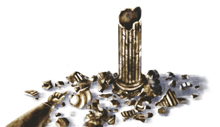 Kuvitettu palasiin rikottu patsas.