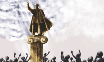 Kuvitettu patsas, jonka juurella on joukko ihmisiä.