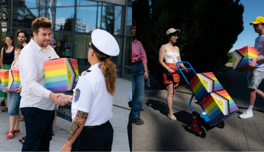 Amnestyn Unkarin osaston toiminnanjohtaja Dávid Vig toimittaa kansainvälisen vetoomuksen Budapestin poliisille.